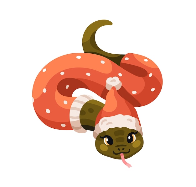 Vector cute snake charcater wearing santa hat and christmas apparel chinese new year symbol funny happy animal mascot asian cny 2025 serpent crawling flat vector illustration isolated on white background