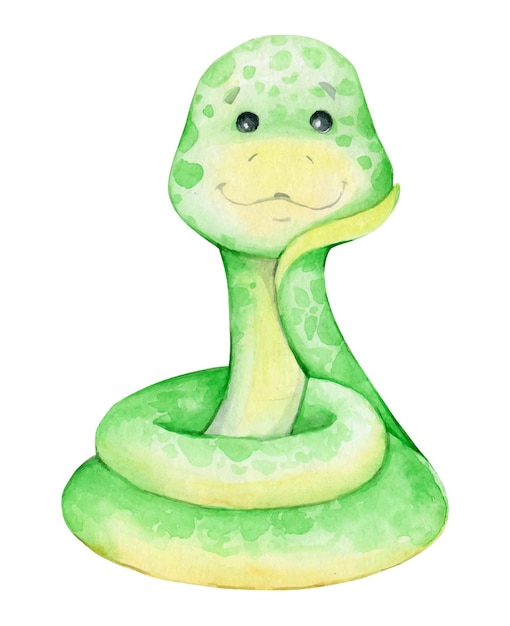 Cute snake of green color Watercolor animal in cartoon style on an isolated background