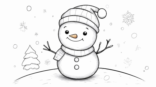 Vector cute snowman cartoon line art coloring page for kids