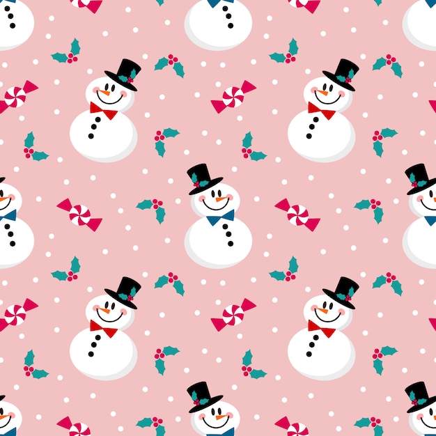 Cute snowman, Christmas berry and sweet seamless pattern.