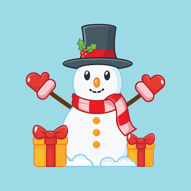 Cute Snowman and christmas gift box. christmas  illustration 