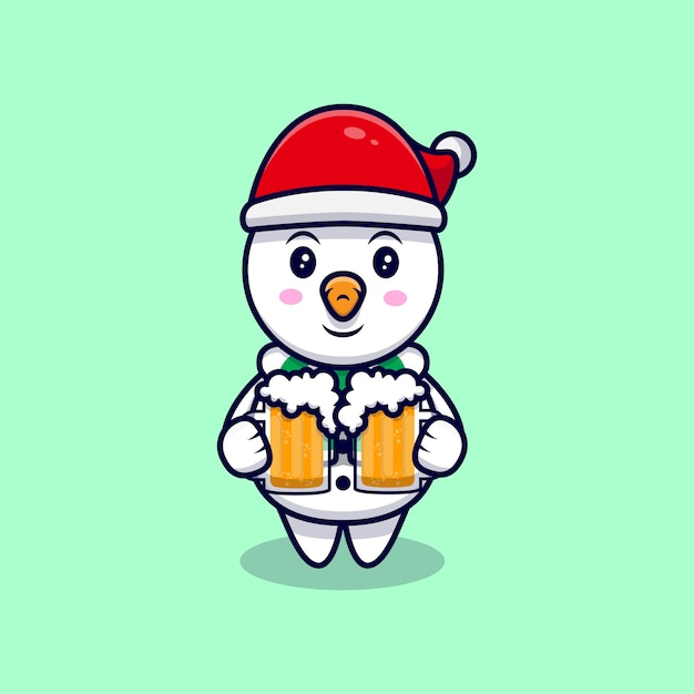 Cute Snowman Drinking Beer Mascot Cartoon  Illustration.