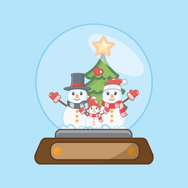 Cute snowman and family in glass ball. Christmas  illustration .