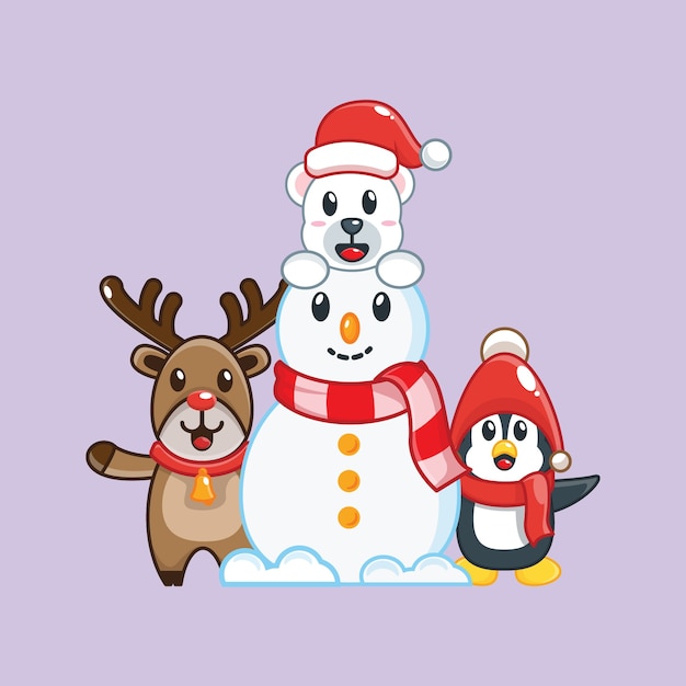 Cute snowman and friends. Christmas  illustration .