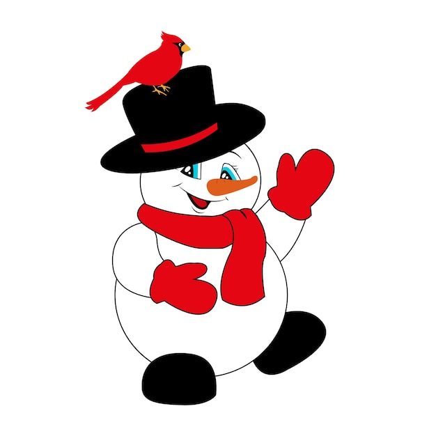 Cute snowman in a hat scarf and mittens Cardinal bird Christmas and New Year