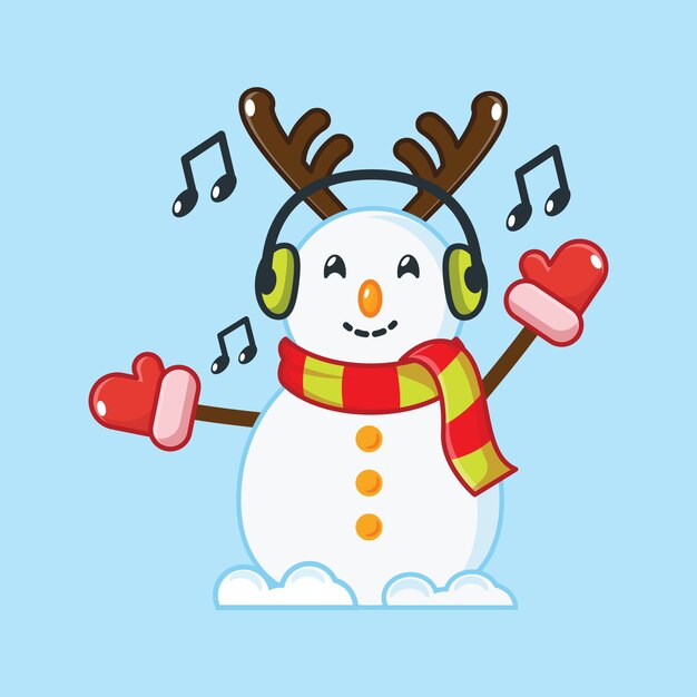 Cute Snowman hear music with earphone. christmas  illustration 