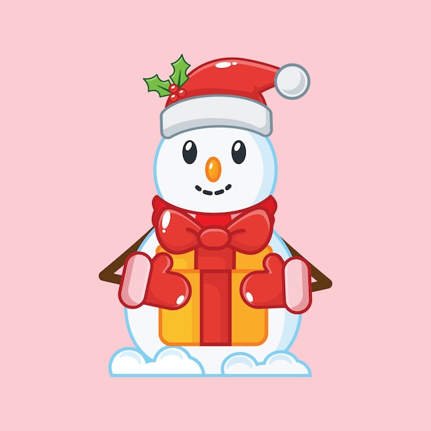 Cute snowman holding christmas gift. christmas  illustration 