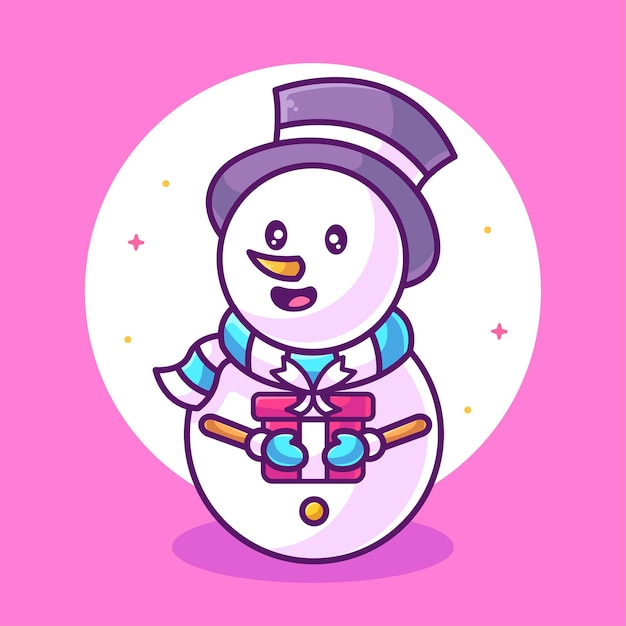 Cute Snowman Holding Gift illustration Christmas or Winter Logo Vector Icon Illustration