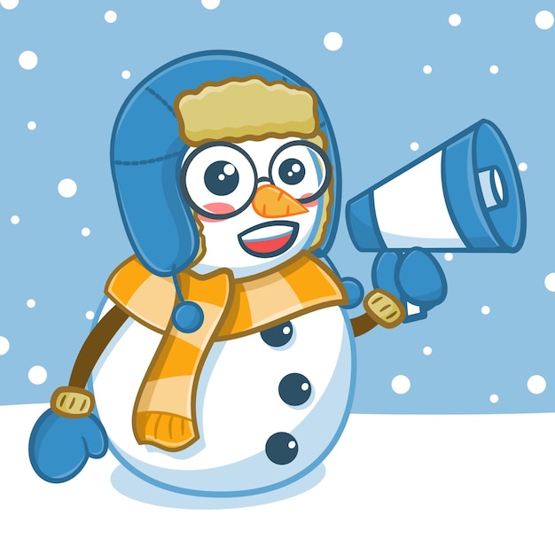 Cute snowman holding megaphone cartoon character