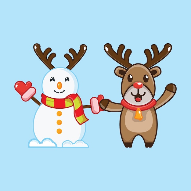 Cute snowman and reindeer. Christmas  illustration .