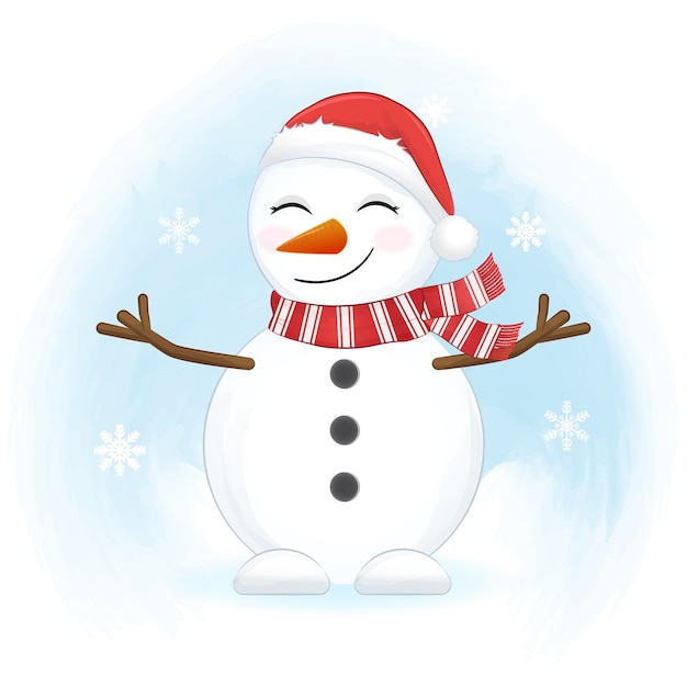 Cute snowman and snowflake in winter, Christmas illustration.