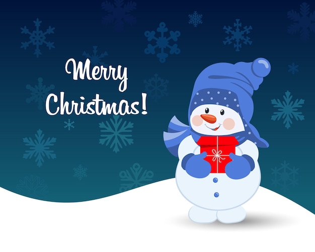 Cute snowman with a gift box on a snowy background with snowflakes and congratulatory text. Postcard