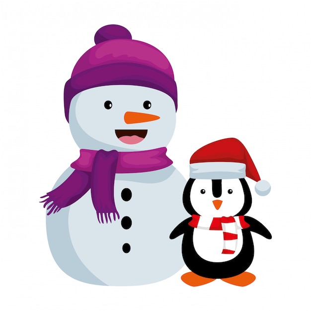 Cute snowman with penguin christmas characters