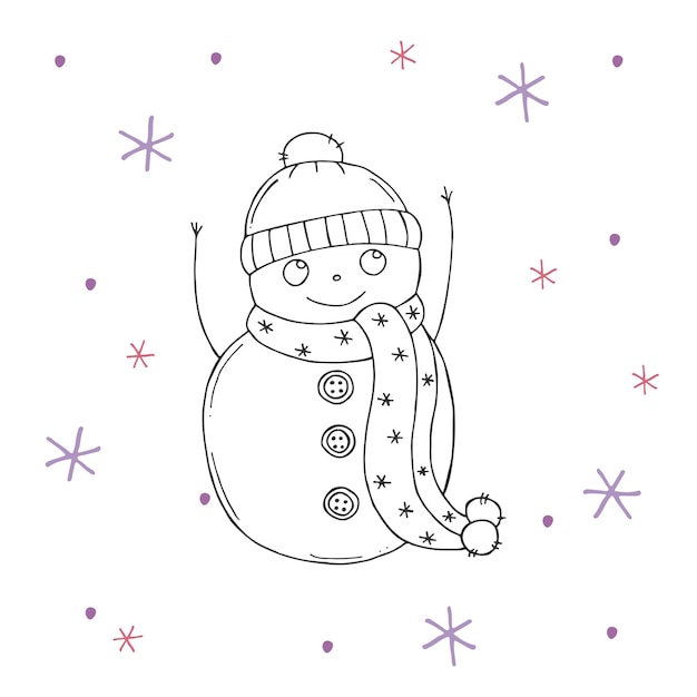 Cute snowman with purple and pink snowflakes on a white background Vector illustration in doodle style Winter mood Hello 2023 Merry Christmas and Happy New Year