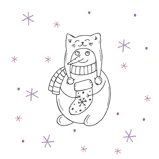 Cute snowman with purple and pink snowflakes on a white background Vector illustration in doodle style Winter mood Hello 2023 Merry Christmas and Happy New Year