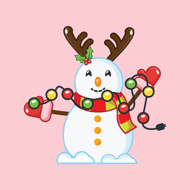 Cute snowman with reindeer horns holding christmas lamp