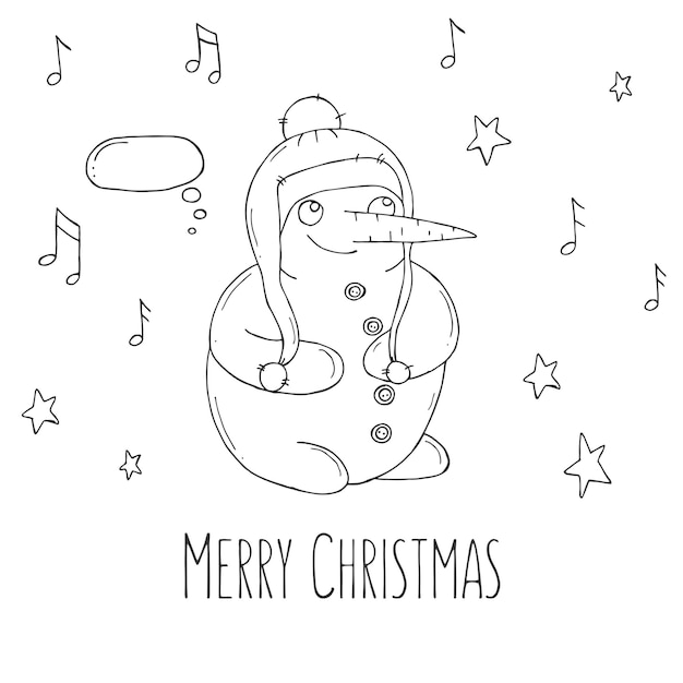 Cute snowman with stars and notes on a white background Vector illustration in doodle style Winter mood Hello 2023 Merry Christmas and Happy New Year