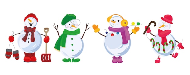 Cute snowmen set of christmas vector cute snowmen in different hats and scarves winter outdoor activ