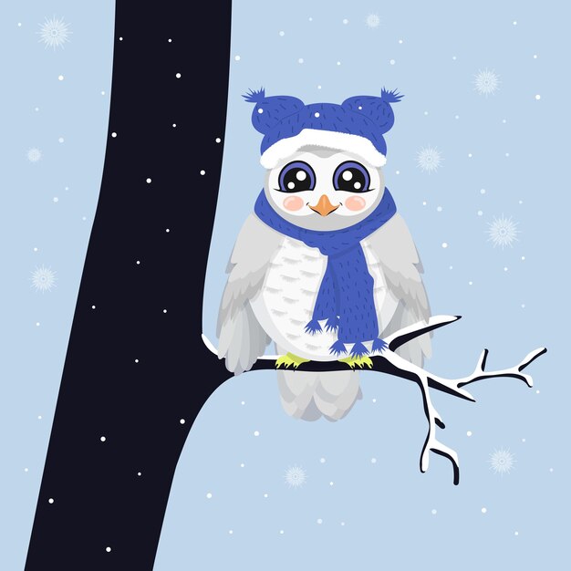 A cute snowy owl sits on a tree branch in winter