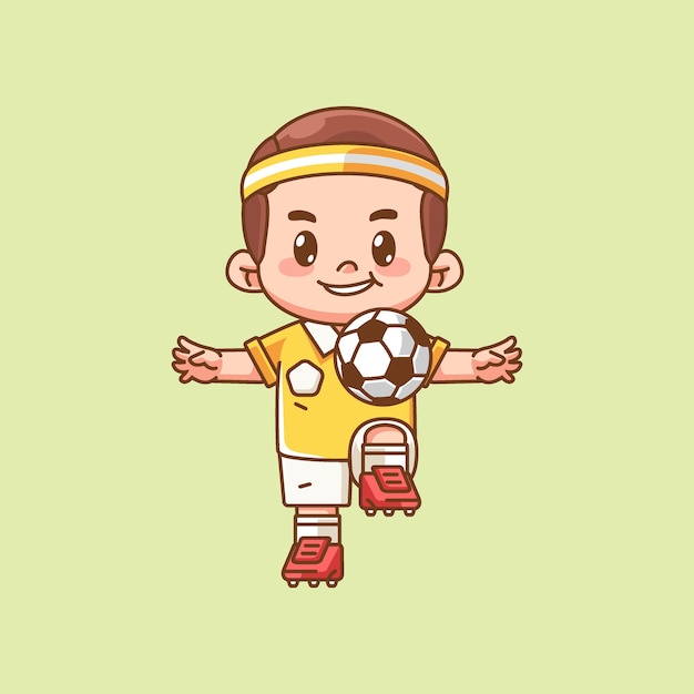 Cute soccer player herd ball kawaii chibi character mascot illustration outline style design