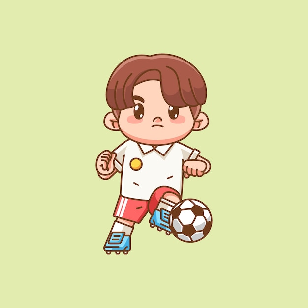 Cute soccer player herding ball kawaii chibi character mascot illustration outline style design