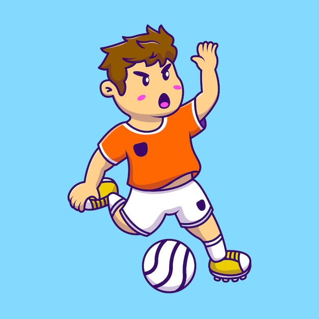 Cute Soccer Player Kicking a Ball Cartoon Vector Icons Illustration Flat Cartoon Concept