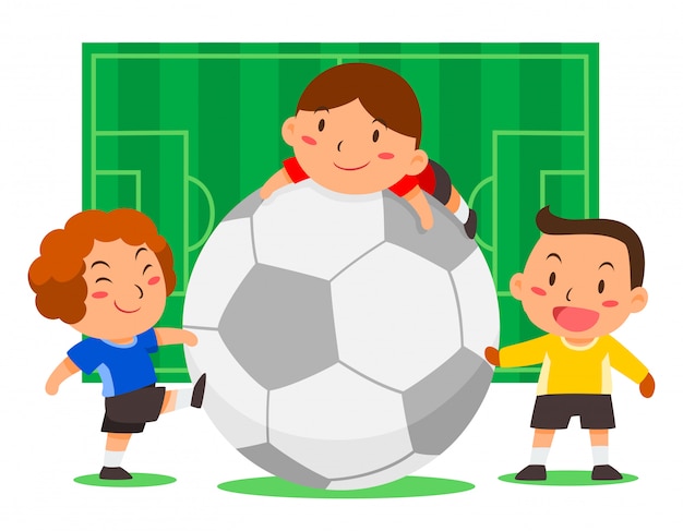 Vector cute soccer players with big ball on football field background. 