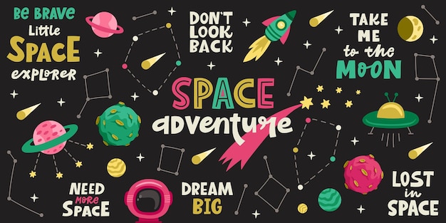 Cute space adventure object set with planets stars quotes Concept for children posters and prints