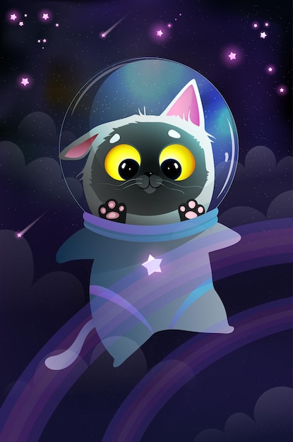 Cute Space Cat and Rainbow in Cosmos for Kids