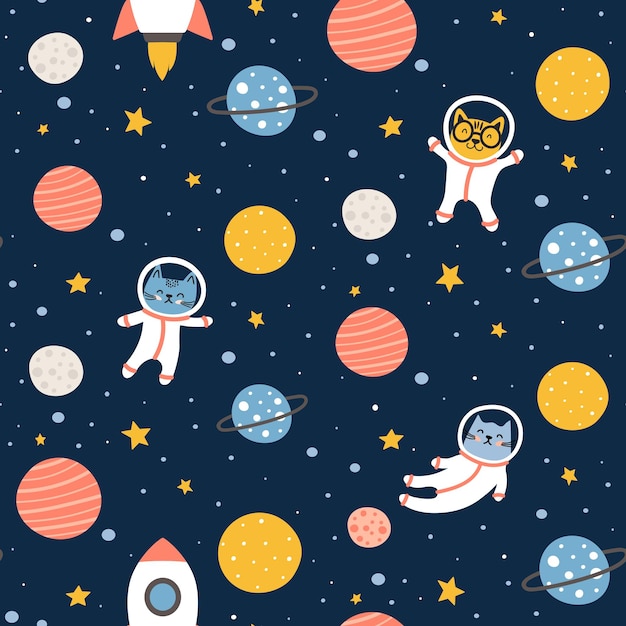 Cute space cats seamless pattern design