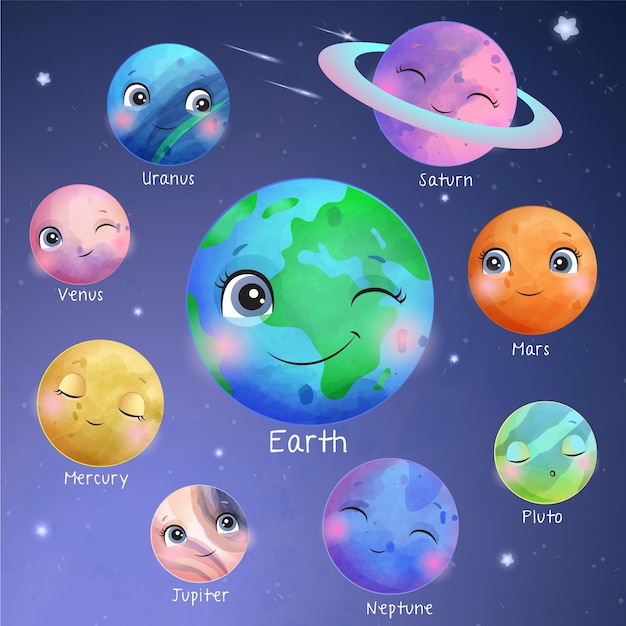 Cute space planet in watercolor style illustration set