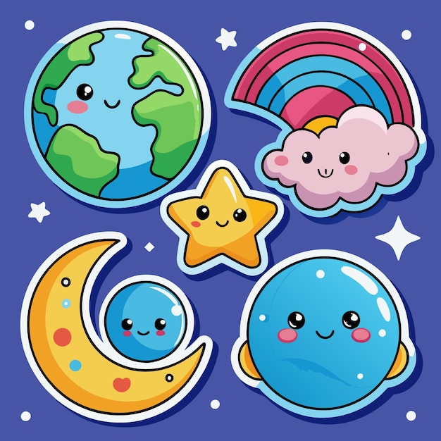 Cute Space Stickers Earth Moon Star and Rainbow