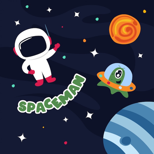 Cute spaceman in outer space with some planets and stars