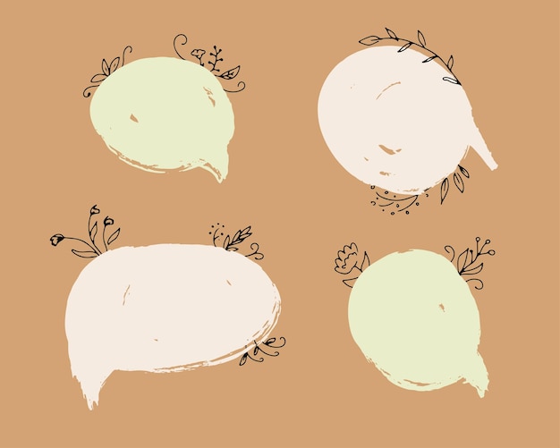 Cute speech bubbles with blooming flowers set Floral text bubbles in doodle sketch style Vector