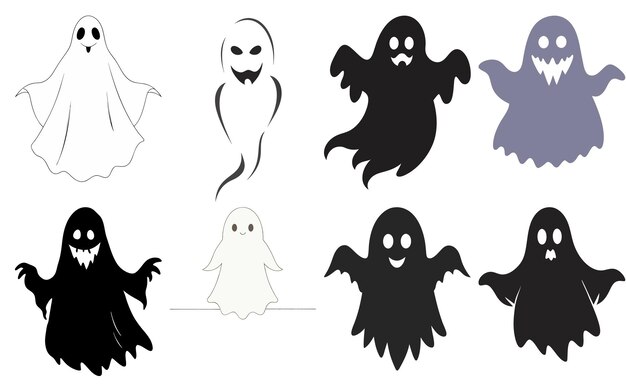 Vector cute and spooky ghosts clipart in various styles and colors perfect for halloween graphics