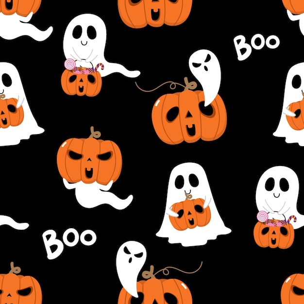 cute spooky ghosts and scary pumpkin seamless pattern