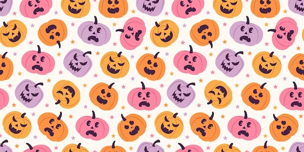 Vector cute and spooky halloween pattern with pastel jack o lantern pumpkins in pink purple and orange with