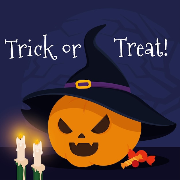 Cute spooky pumpkin with witch hat and candies Happy halloween Vector illustration