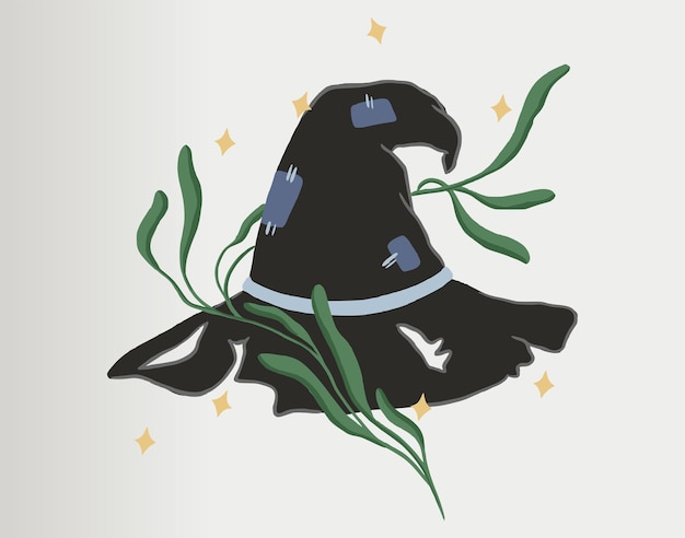 A cute and spooky witch hat with leafy branches and stars.