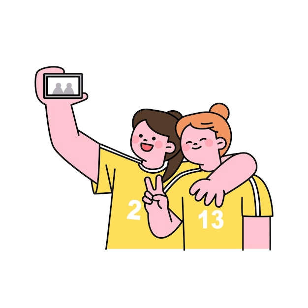 Cute sports girls are taking a selfie together outline simple vector illustration