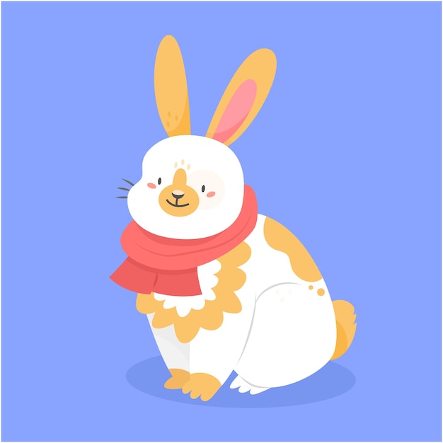 Cute spotted rabbit with red scarf in cartoon style isolated on background 2023 year of the rabbit