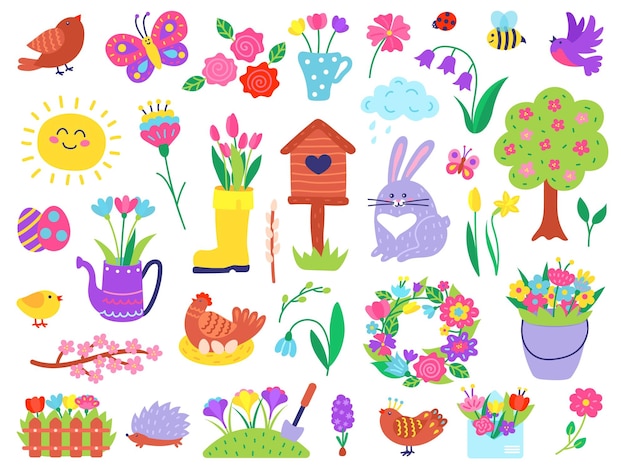 Cute spring doodles hand drawn easter and springtime elements Blossom flowers birds rabbit chicken flower garden doodle vector set