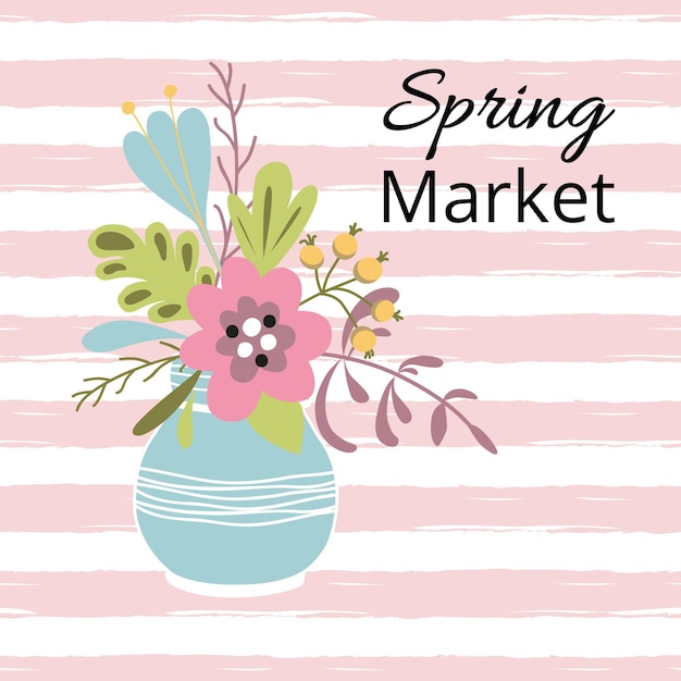 Cute spring floral banner Text Spring Market Vector illustration Spring meadow flower bouquet into jar Collection in pink green blue colors Hand drawn summer flower elements for birthday party cards