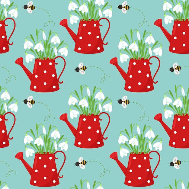 Cute spring flowers in a red watering can Bouquet of flowers Seamless pattern