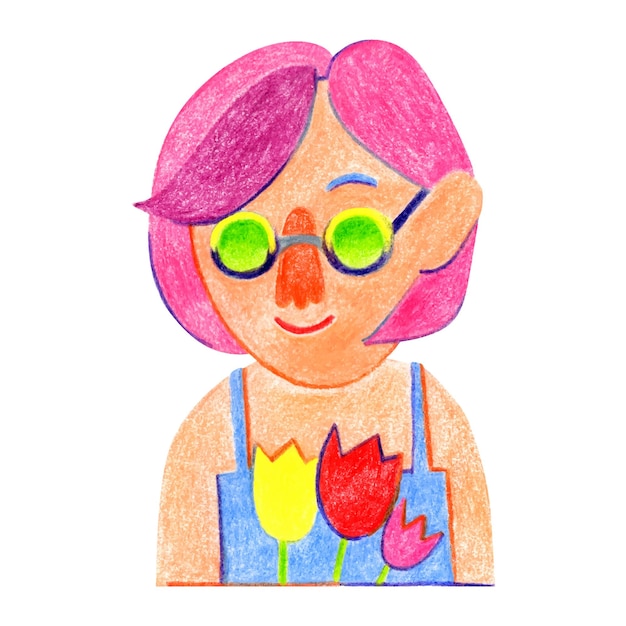 Cute spring girl in sunglasses with a bouquet of colorful tulips A woman with pink hair Cartoon character Handdrawn pencil illustration on a white background Isolated For cards Tshirt design