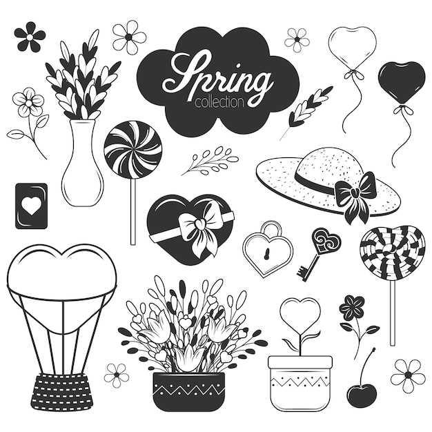 Vector cute spring monochrome collection. air balloon, flowers, key, lolly pop, heart, letters. romantic black objects, cartoon style. vector illustration. isolated on white.