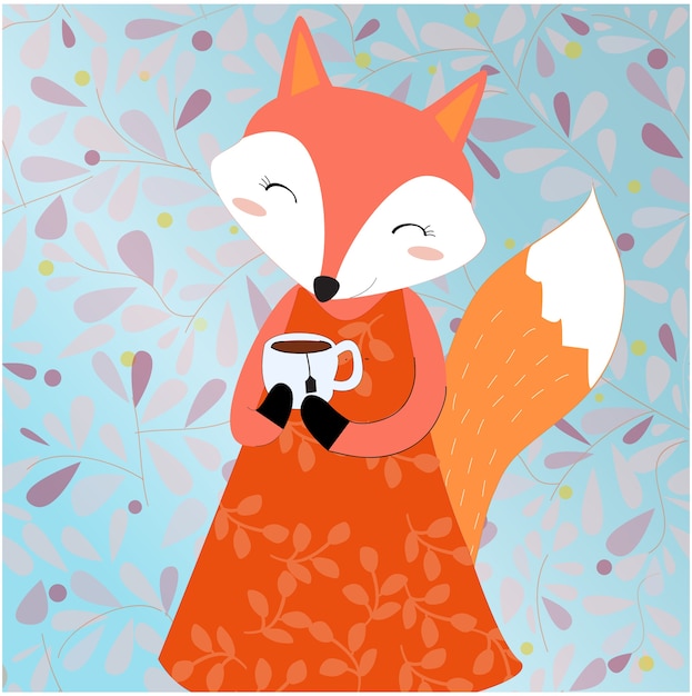 Vector cute spring summer fox on the floral background