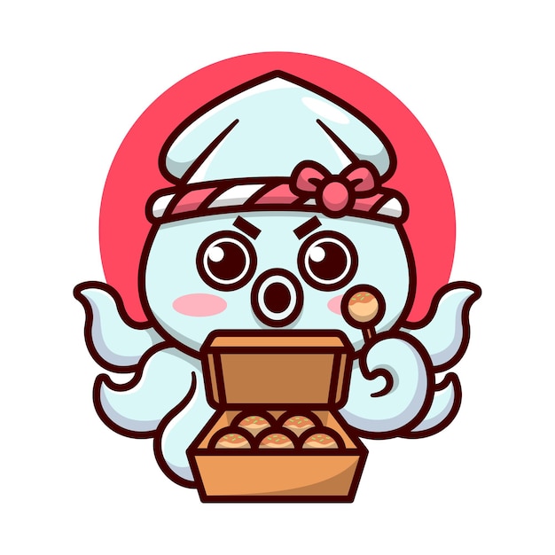 CUTE SQUID WEARING JAPANESE HEADBAND IS HOLDING A BOX OF DELICIOUS TAKOYAKI HIGH QUALITY CARTOON MASCOT DESIGN