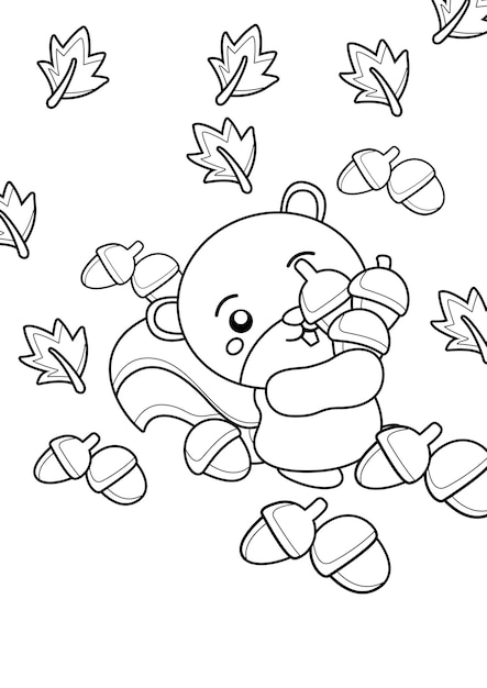 Cute Squirrel Animal and Walnuts Coloring Pages A4 for Kids and Adult