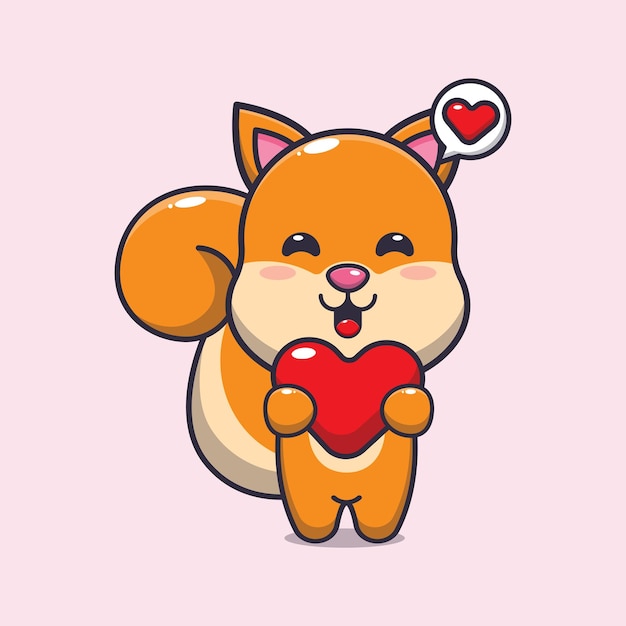 cute squirrel cartoon character holding love heart